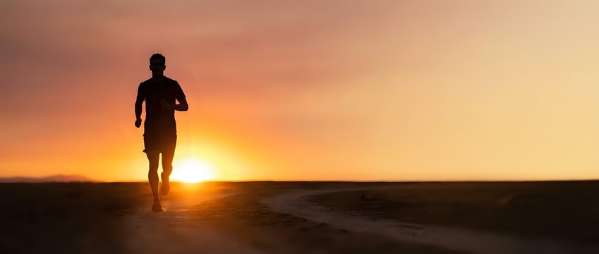 Male runner silhouette jogging at golden hour sunset with warm orange sky. Athletic fitness training outdoors for health and wellness motivation concepts.