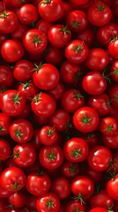 Fresh red ripe tomatoes with green stems arranged in dense pattern for cooking, healthy eating and organic food backgrounds.