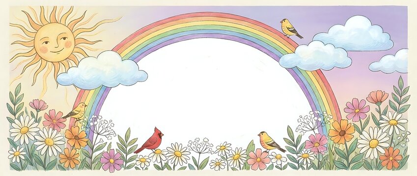 Whimsical rainbow frame with smiling sun, fluffy clouds and colorful flowers creating magical border for children's designs and spring themed projects.