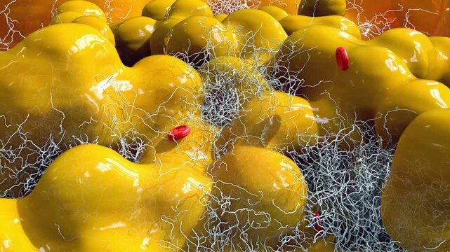 Fat cells,  adipocyte and lipocyte, cholesterol in a cells, blocked vessel in high level of LDL (bad cholesterol) lipoprotein,  risks of heart disease, stroke, and vascular damage, 