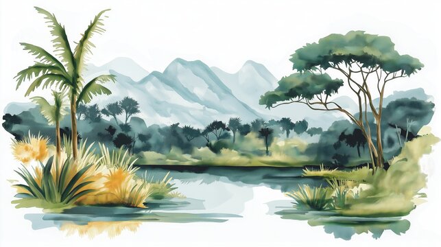 Waza National Park. Waza National Park hand drawn watercolor illustration on white background
