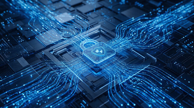 Cybersecurity concept with glowing digital shield and padlock icon on blue circuit board background