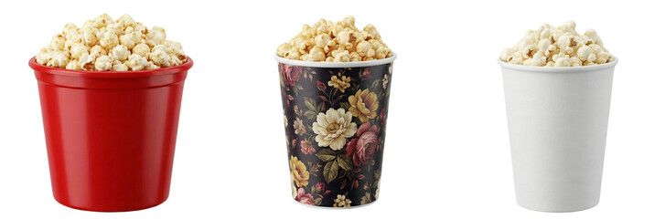 Colorful popcorn buckets filled with freshly popped snacks