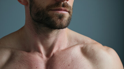 Naklejka premium Bearded male torso with warm soft luminance across skin and minimal grey studio background conveying quiet confidence