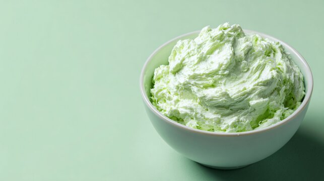 Watergate salad framed tightly for banner crop, solid pastel green backdrop