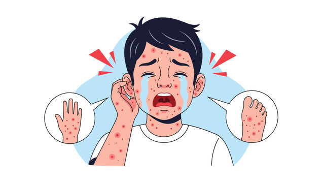 Crying young boy suffering from a painful skin rash or food allergy with many red spots visible on his face hands and feet for medical help.