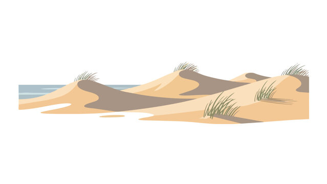 A serene, minimalist illustration captures tranquil coastal sand dunes with sparse green vegetation gracefully illuminated meeting calm blue ocean