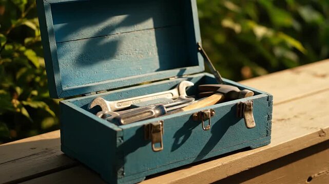 Blue toolbox with hammer and wrench tools on wooden bench outdoors.