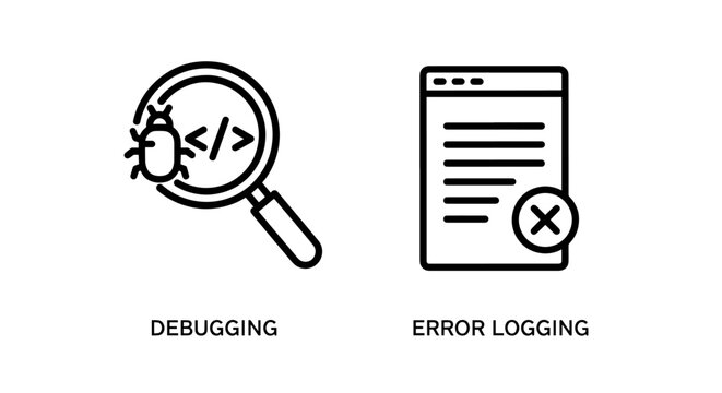 Debugging and error logging icons for software development, representing bug finding, code analysis, and problem resolution.