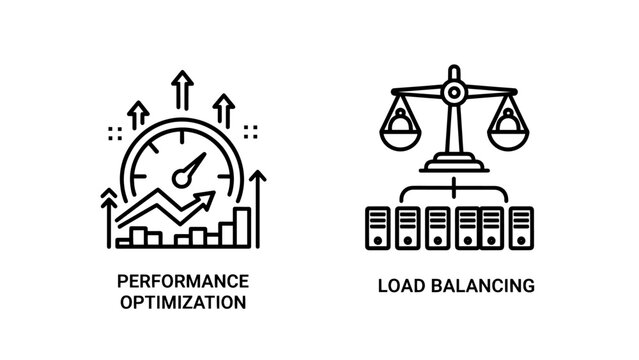 Performance optimization gauge and load balancing icons, illustrating system efficiency, server management, traffic distribution, and resource allocation.