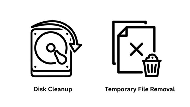 Disk cleanup and temporary file removal icons: hard drive with cleaning arrow, document with X and trash can, computer maintenance, file management, data deletion, storage optimization, digital hygien