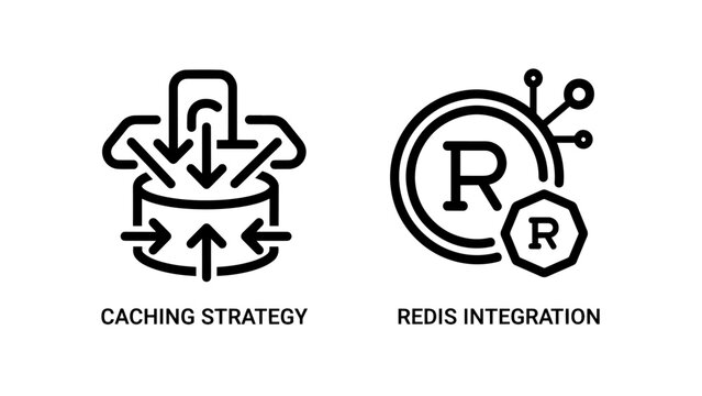 Caching strategy and Redis integration icons: circular flow with arrows for caching, letter R in circle with nodes for Redis, data management, memory, speed optimization, web development, database, IT