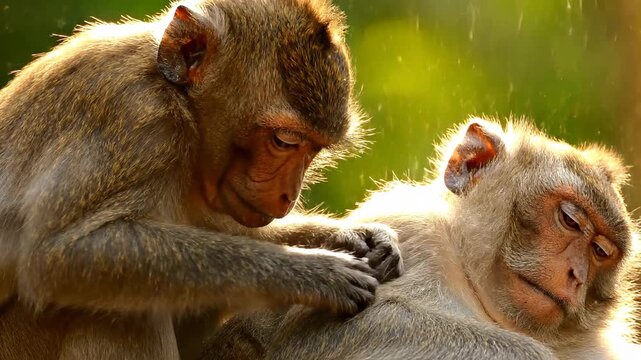 Two monkeys grooming each other in natural light, animal affection, close-up shot, monkey, animal, nature, wildlife, primate