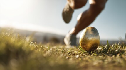 Obraz premium Runner Chasing Golden Egg on Grassy Field at Sunrise