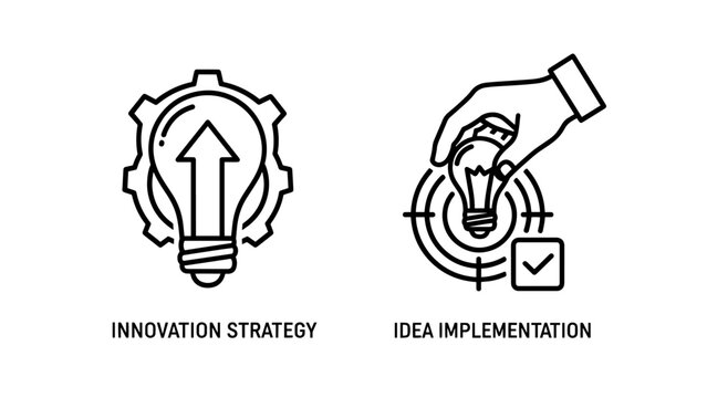 Innovation strategy and idea implementation icons, representing creativity and execution.