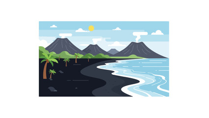 Fototapeta premium Vibrant tropical island landscape featuring majestic smoking volcanoes, lush palm trees, and an exotic black sand beach alongside the serene blue