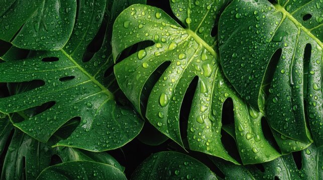 Vibrant green monstera leaves with water droplets in lush tropical foliage