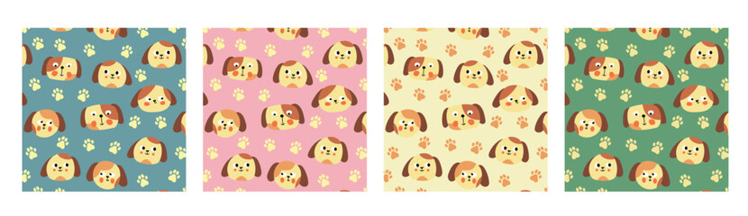 Fototapeta premium Cartoon Dog Face Seamless Patterns Set in Different Colors, Cute Pet Designs for Decor and Stationery