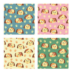 Obraz premium Cute Dog Faces and Paw Prints Seamless Pattern Set, Multicolor Pet Backgrounds for Kids and Fabric