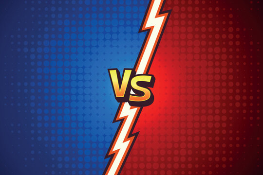 Comic Versus Vector Background. Versus Battle Screen. Versus vs Arena Split. Blue Red Halftone with Lightning Divider. Game Competition Banner Template, Dynamic Fighting Poster Backdrop