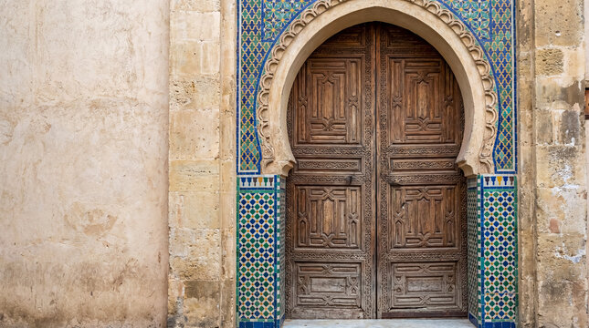 Traditional moroccan wooden door with carving and tiles medina architecture background copy space historic building entrance travel destination