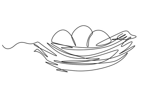Abstract bird's nest with eggs, Self drawing animation one continuous line draw, logo, Continuous one line drawing of a bird nest. Vector illustration of a natural twig home with an egg isolated on.