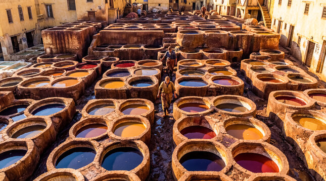 Traditional leather tannery in Fez Morocco high angle view industrial landscape background culture copy space manual labor craft heritage artisan
