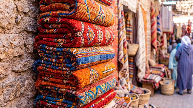 Colorful handmade moroccan rugs in shop close up textile craft culture background copy space traditional pattern berber carpet artisan
