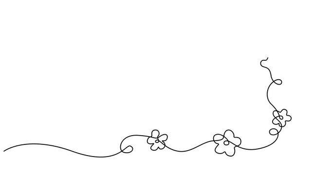 Floral corner frame, one line drawing animation. Video clip with alpha channel, Hand-drawn floral corner, one line art, stylized continuous contour. Botanical decor element, template. Doodle, sketch 