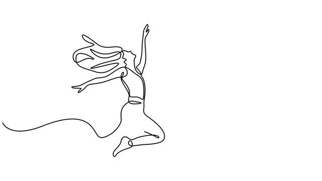 animated continuous single line drawing of joyful woman jumping up in the air, line art animation, Self drawing simple animation of single continuous one line drawing happy people. young girl, vector.
