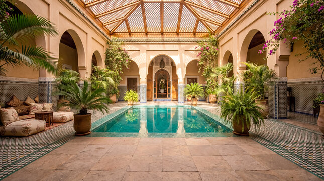 Luxury riad courtyard with pool and plants in Morocco architecture background home interior copy space travel destination hotel tourism riad