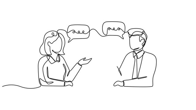 Self drawing line animation Man and woman discussion continuous line drawn conversation concept, People Conversation Interview Continuous Line Animation Dialogue, female trainer coaching about busines