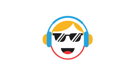 Happy cartoon face wearing blue headphones and black sunglasses, smiling cheerfully on an isolated white background.