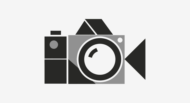 Modern stylized camera icon featuring a video cassette recorder element, symbolizing photography and videography in a bright studio background.