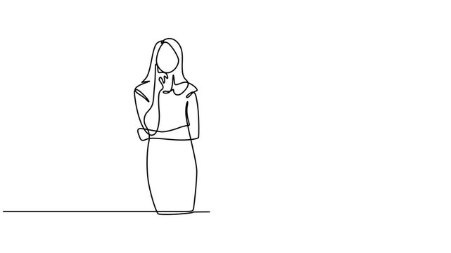 Self drawing line animation standing woman thinking continuous one single line drawn concept video, Doubting woman standing thinking, unsatisfied worrying human. Full length single line animation. pro