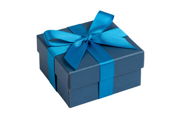 Fototapeta premium Blue gift box with ribbon in elegant style under soft studio lighting on white background for luxury packaging
