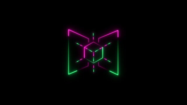 Futuristic neon geometric cube logo with a butterfly-like outline on a black background, representing innovation and digital art with vibrant lighting.