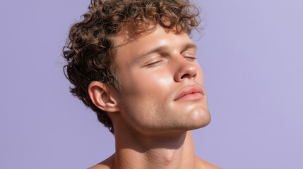 Obraz premium Sun kissed masculine glow pastel lilac blue skin texture relaxed expression serene portrait