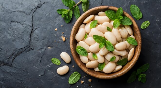 White lima beans in wooden bowl with fresh mint leaves on dark slate background for healthy cooking and nutrition concepts.