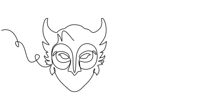 Ethnic Mask, animated self drawing of single continuous line, contour movement, video drawing of line in 4k, Tribal Mask animation continuous one line drawing, Face tribal mask continuous single line.