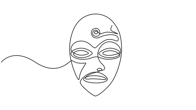 Ethnic Mask, animated self drawing of single continuous line, contour movement, video drawing of line in 4k, Tribal Mask animation continuous one line drawing, Face tribal mask continuous single line.