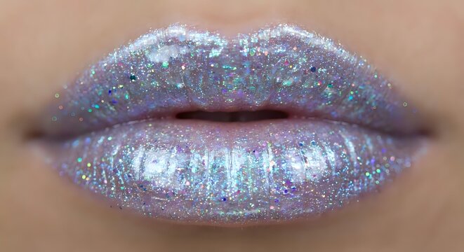 Glamorous holographic glitter lips with iridescent shimmer makeup for beauty fashion cosmetics and party looks.