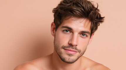 Obraz premium Young man with natural male blush tone under soft diffused light and pastel background, contemplative expression and subtle smile, close up portrait highlighting skin texture and groomed beard