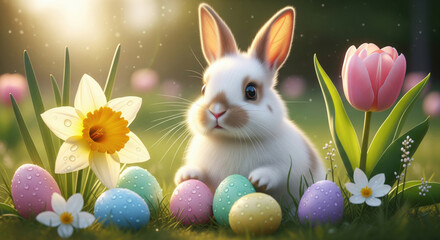 Cute Easter bunny among spring flowers and eggs