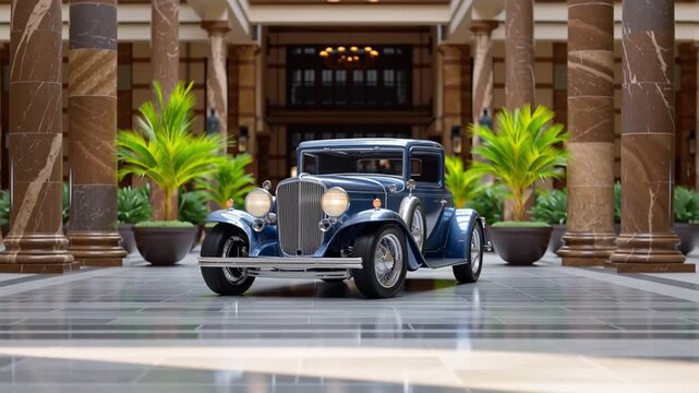 Classic blue vintage sedan parked at an elegant portico with columns and tropical plants as the camera dolly-outs and shifts right, widening the scene while highlights sparkle on the grille.