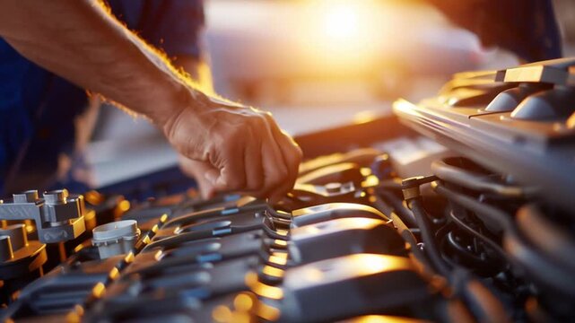 Close-up hands adjust knobs and slide faders on an audio mixing console as lights glow and reflections shimmer, showing focused sound control during a recording session in warm studio light.