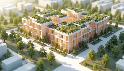 Fototapeta premium Modern apartment building design features green rooftop gardens, natural wood accents. Complex promotes eco-friendly living with sustainable urban planning, green spaces integrated within residential