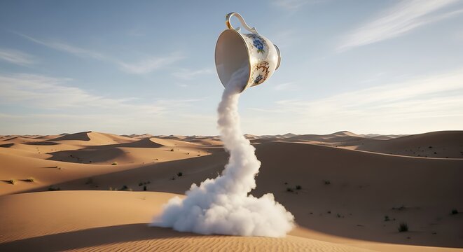 Teacup floating over desert