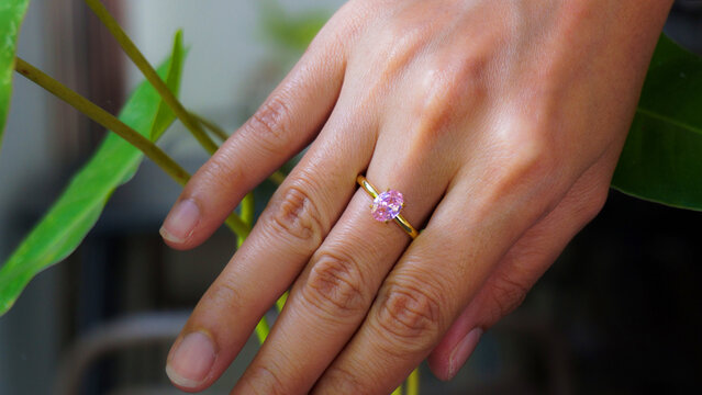 Woman hand wearing gold ring with pink gemstone on finger with green leaves, elegant jewelry lifestyle and romantic fashion concept