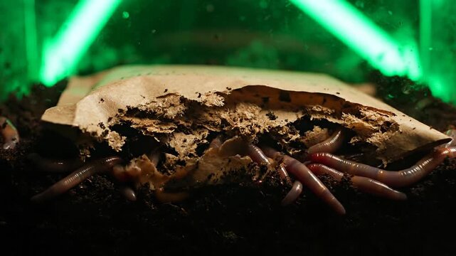 Close up shot of compost worms around paper bag with green neon light. Soil and earthworms in dark conditions for sustainable living.